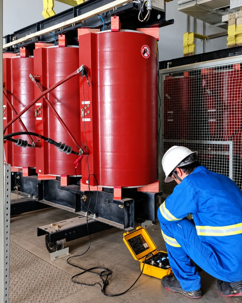 Profissional da SLV utilizando instrumento de medição junto a um transformador elétrico.